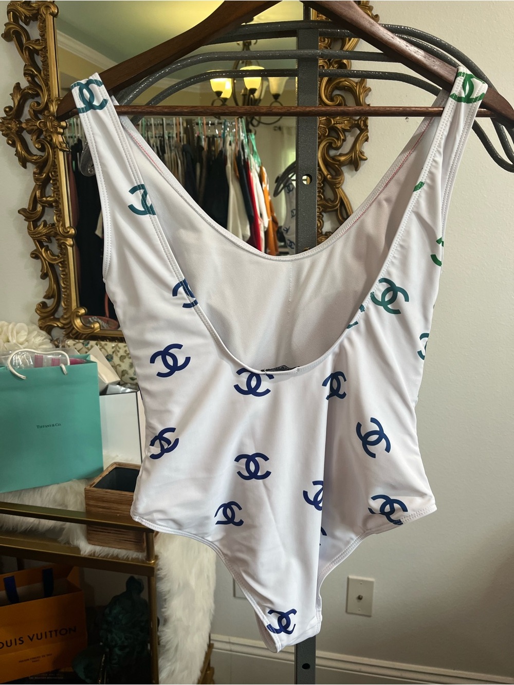 CHANEL White One-Piece Swimsuit with Multicolor Rainbow Logo Size XL - Picture 5 of 7